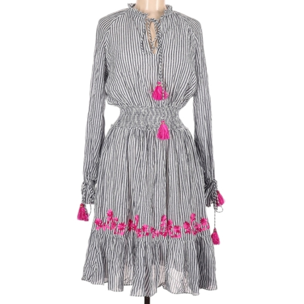 Hemant & Nandita Blue & White Striped Long sleeve Smocked waist Tassle Dress M